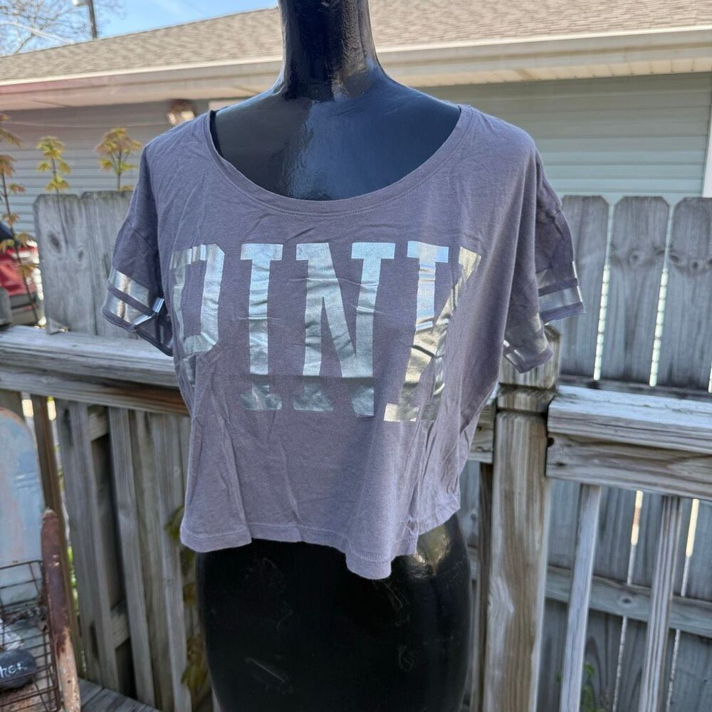 Y2K Victoria’s Secret PINK Cropped Tee Silver Foil Logo Varsity Stripe Top Shirt